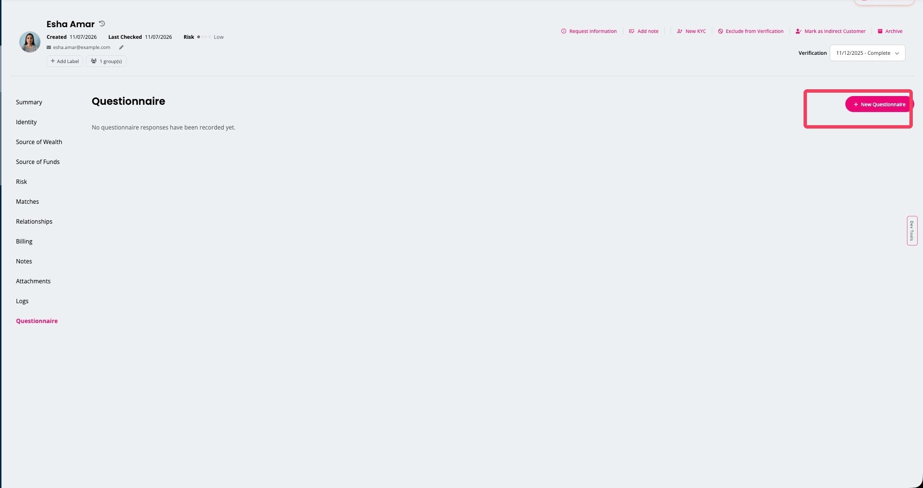 Questionnaire tab