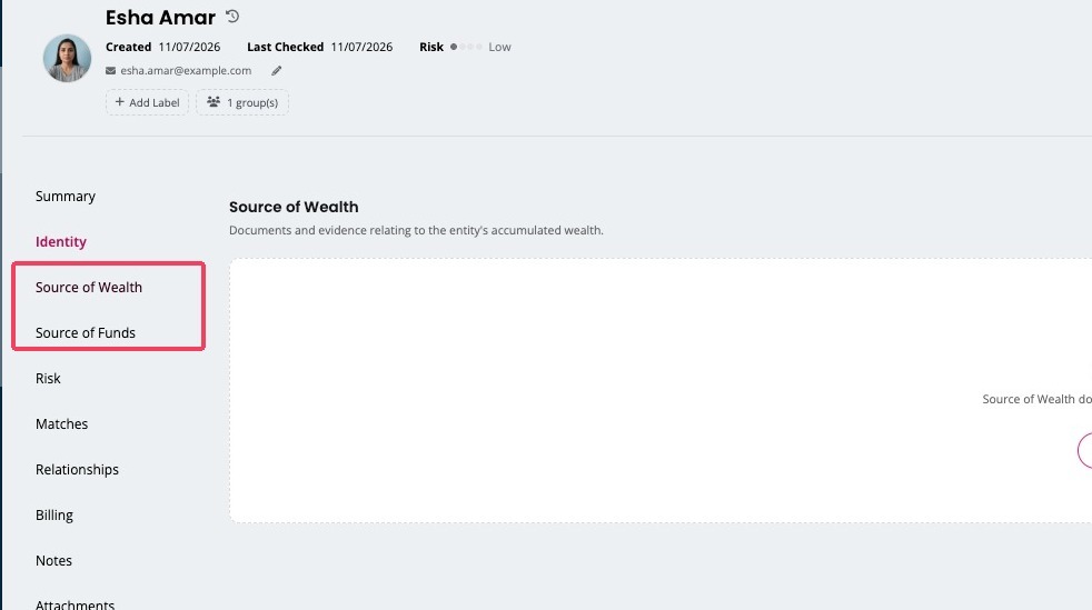 Source of Wealth tab with no documents yet