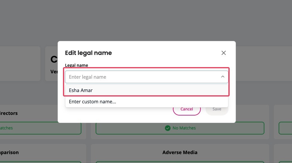 Edit legal name pop-up