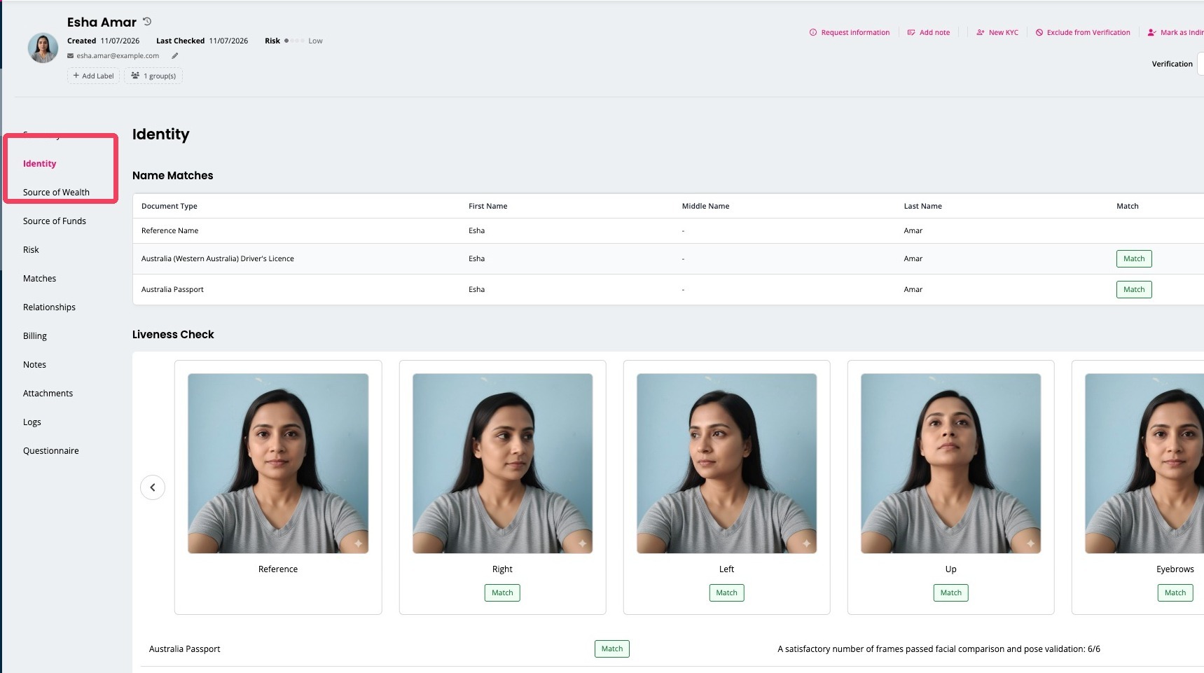 Identity tab with name matches and liveness check
